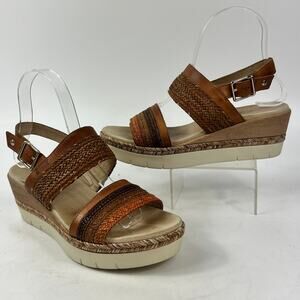 Pikolinos Womens 6.5 Brown Leather Woven Strap Wedge Sandals Slingback Spain
